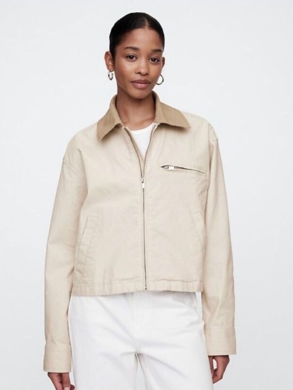 GAP Cropped Canvas Chore Jacket Cream Tan | Women’s M